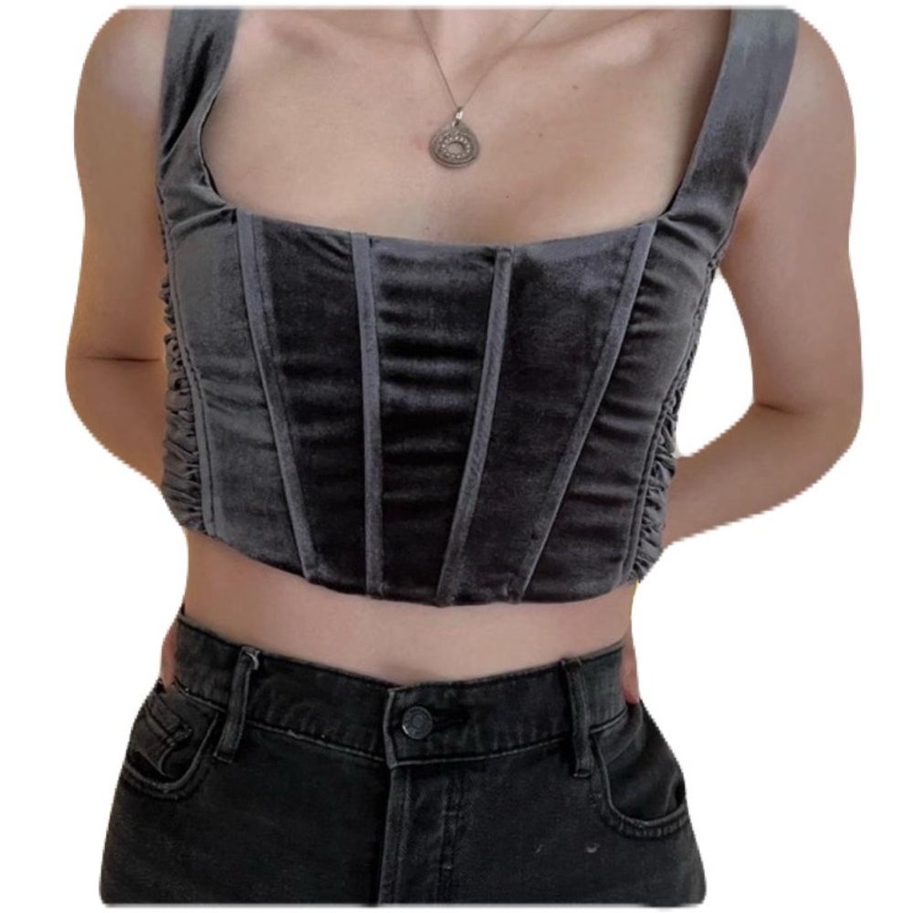 NWT Zara Small Dark Gray Velvet Ruched Corset Crop Top Blogger Favorite Festival